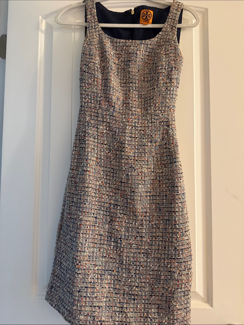 Tory Burch Multicolor Tweed Sheath Dress in Navy, Cream & Pink Accents